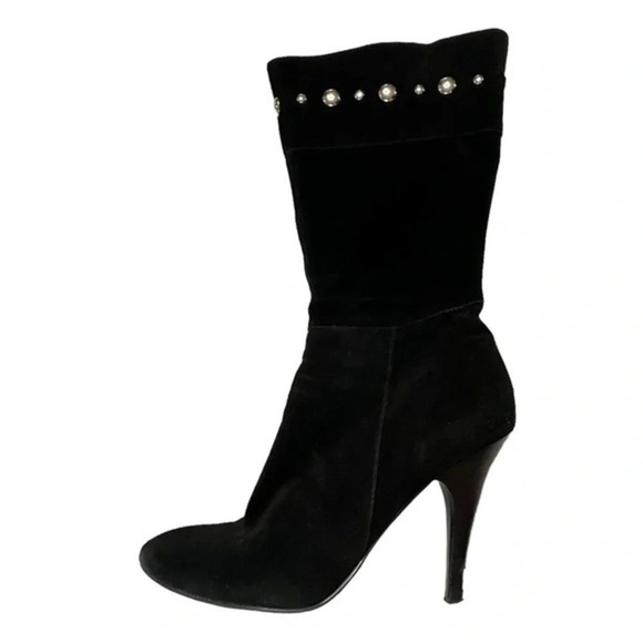 Guess Nerina 10M black suede silver studded 4.5" heeled boots w/ side zipper - Picture 4 of 10